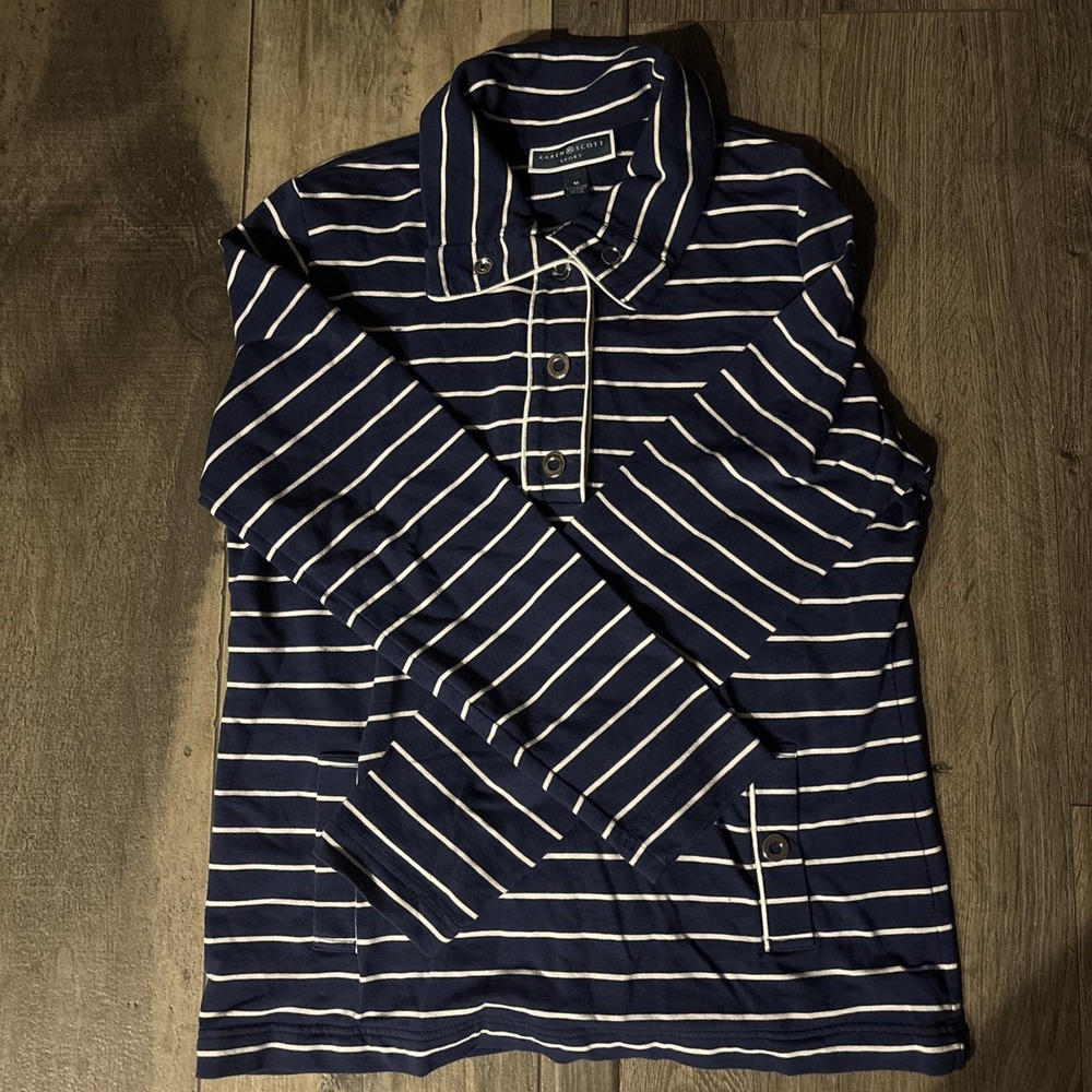 Karen Scott Sport Women's  Blue And White Striped Snap Top SzM Pockets